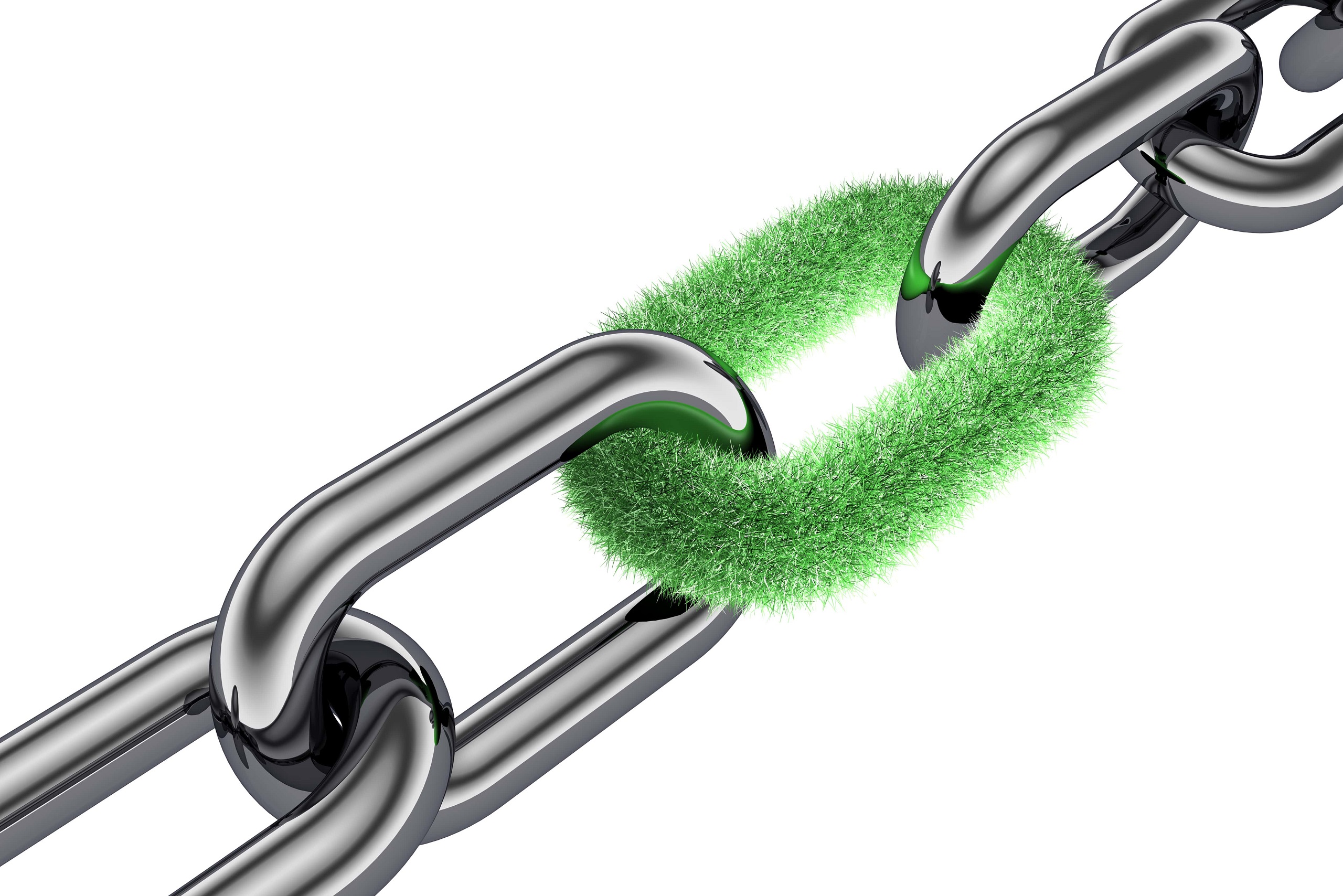 A steel chain with a single green link